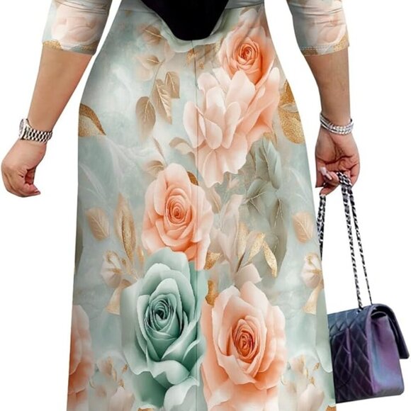 Women's Plus Size Maxi Dresses 3/4 Sleeves Bohemian Long Dress Printed Swing Dre - Picture 3 of 6